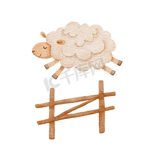 可爱的卡通羊跳过栅栏。