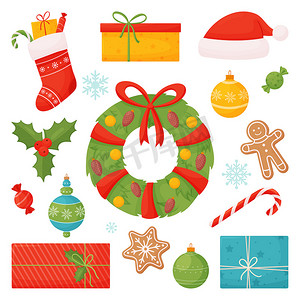 圣诞矢量摄影照片_矢量集节日元素，包括圣诞球、姜饼、Rozhdestvenskaya 花环、礼物、圣诞袜子。