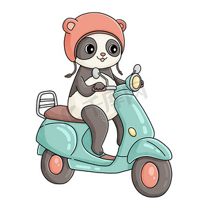 夏季熊猫骑着蓝色轻便摩托车，戴着粉色头盔