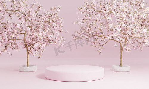 粉色简约摄影照片_公共花园的简约风格圆筒粉红色产品讲台展示有樱花树或日语“樱花”。