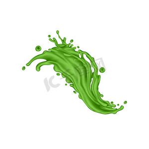 流体果汁摄影照片_白色背景上的绿色果汁飞溅