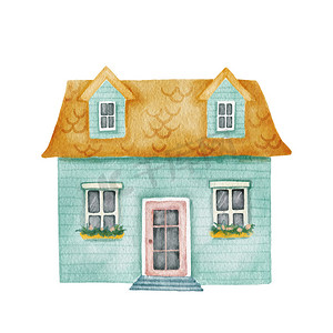 手绘可爱房屋摄影照片_手绘水彩蓝色古老而舒适的小房子。
