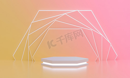 六角形讲台配有灯光，用于产品展示，现代六角形旋转背景，夏季阳光明媚。