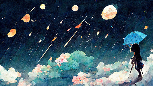 伞插画摄影照片_美丽的夜空与落雨和伞女孩插画动漫风格