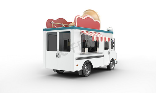白色背景上冰淇淋车的 3D 渲染
