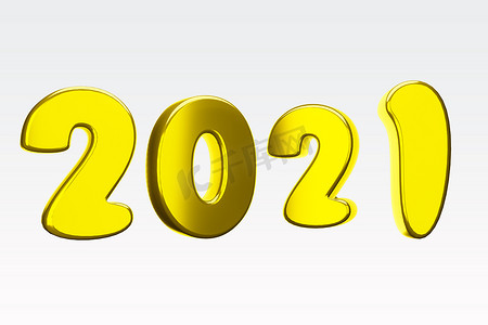 2021 年金色粗体字 3D 插图在白色背景上隔离。