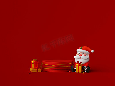 圣诞老人坐在讲台旁边，带着圣诞礼物，3D 插图