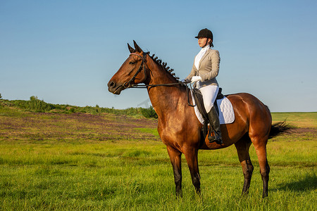 田野春天摄影照片_年轻女子在绿色的田野上骑马