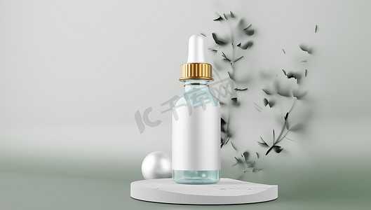 包装表示摄影照片_香水和浴室包装的 3D 表示，具有用于模型和产品展示的贴纸颜色背景、简约概念、柔和花卉元素的优质插图。