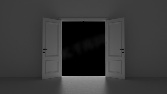 黑暗房间摄影照片_3d 渲染黑色背景的暗室中打开的门