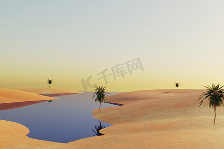 沙漠全景有棕榈树和湖泊的，3D渲染