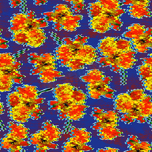 黄色和红色花朵水彩图案在蓝色背景上抽象风格的纺织设计。