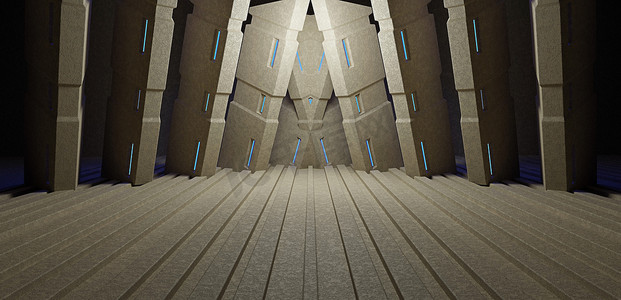 蒙太奇摄影照片_外太空车库隧道地下与水泥混凝土地板聚光灯淡蓝色横幅背景陈列室工作室蒙太奇 3D 插图的基座概念