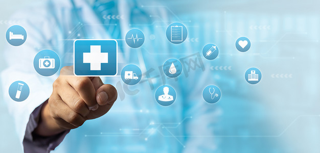 医生触摸虚拟屏幕图标医学保健紧急数字技术互联网背景复制空间概念。