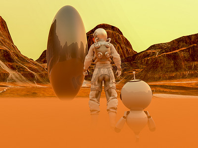 宇航员和小机器人在沙漠星球的太空行走中面对一个奇怪的蛋形物体