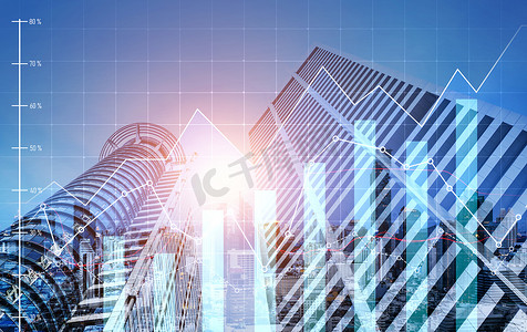 金融图表和现代城市景观作为商业概念的背景。