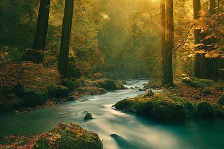 平静的河流流经红杉林，晨光和秋天斑驳的阳光。