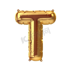金色充气箔气球字母 T 的 3D 渲染。派对装饰元素