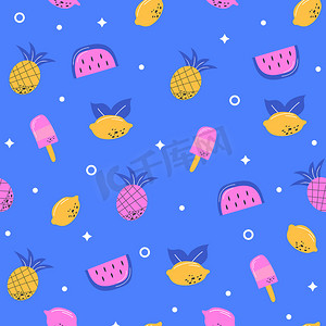 冰柠檬壁纸摄影照片_用于壁纸、包装和纺织品的多彩多姿的夏季水果无缝图案