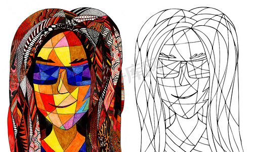 美术招生彩页摄影照片_带有幻想女人的彩页，手绘彩色玻璃肖像。