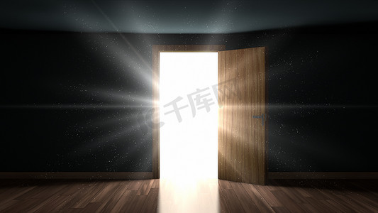 自由粒子摄影照片_通过打开的门进入房间的光和粒子