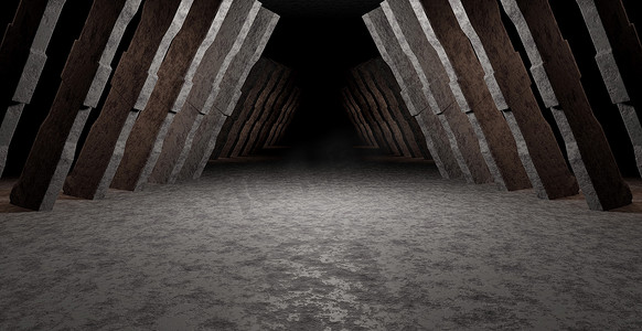 空垃圾空黑暗生锈陈列室与柱子灰色横幅背景壁纸 3D 渲染