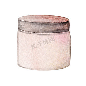 水彩手绘米色奶油容器，黑色帽子隔离在白色背景上，用于美容和美容领域