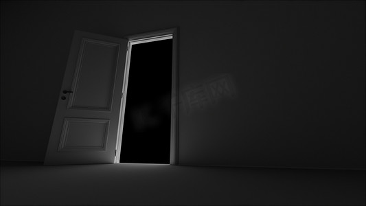 3d 渲染黑色背景的暗室中打开的门