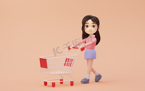 有购物主题的小女孩与卡通风格，3D 渲染。