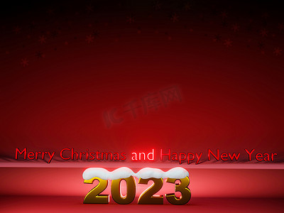 喜庆海报红色摄影照片_新年快乐 2023。红色背景上的金色数字 2023 与雪.3D 渲染。