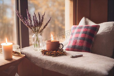 金花纹底摄影照片_秋季 hygge 家居装饰布置，hygge 和舒适的概念，燃烧白色香薰蜡烛