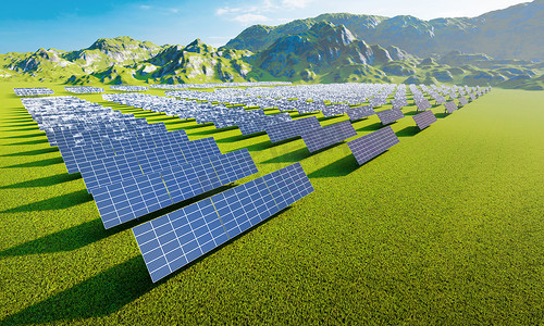 带有太阳能电池板的太阳能发电站，通过绿色电力生产电力能源。
