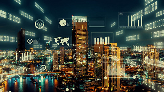业务数据分析界面飞越智慧城市，显示改变的未来
