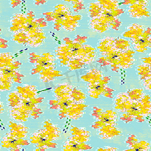 水彩风格花卉摄影照片_黄色花朵水彩图案在白色背景上的抽象风格，用于纺织设计。