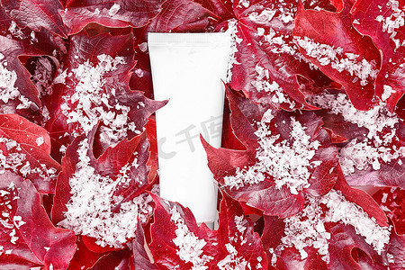 美容水疗医疗护肤品、雪红葡萄叶背景上的乳液瓶包装产品。