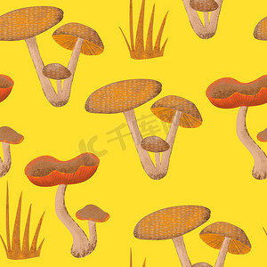 手绘无缝图案与秋季蘑菇真菌，野生自然背景。