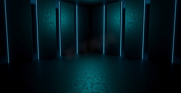 深蓝色星空背景摄影照片_外星空发光充满活力的激光展示舞台走廊走廊入口深蓝色背景数字未来主义产品背景演示3D 渲染概念