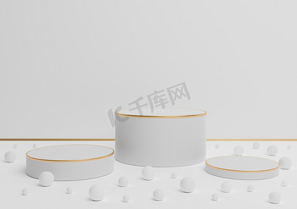 白色、浅灰色、黑白 3D 渲染三个讲台支架产品展示，配有金色线条和彩色大理石，用于产品展示或背景豪华产品或有趣的糖果