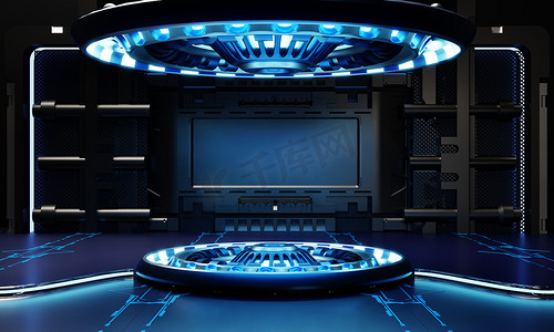 科幻产品讲台展示在白色和蓝色背景的太空飞船中。