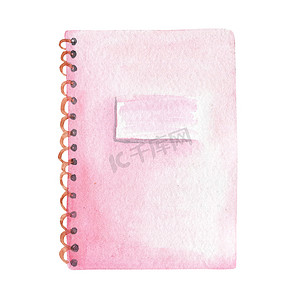 手绘女女孩摄影照片_水彩手绘粉红色笔记本，弹簧隔离在白色背景上