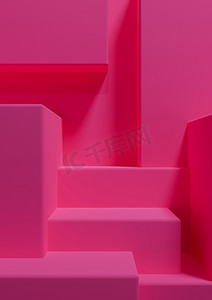明亮的洋红色、霓虹粉红色 3D 插图简单最小产品展示背景侧视图抽象正方形讲台支架用于产品摄影或奢侈品壁纸
