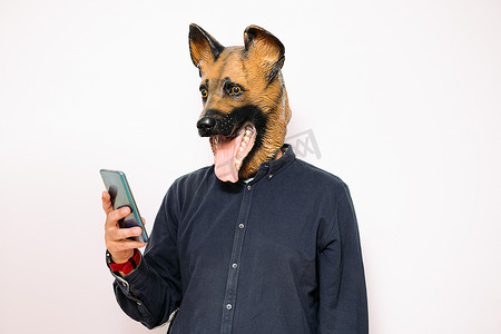 手机疯狂打字摄影照片_戴着狗面具的男人看着手机