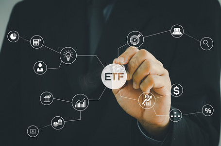 手商人图标 ETF 交易所交易基金虚拟屏幕互联网商业股市金融指数基金概念。