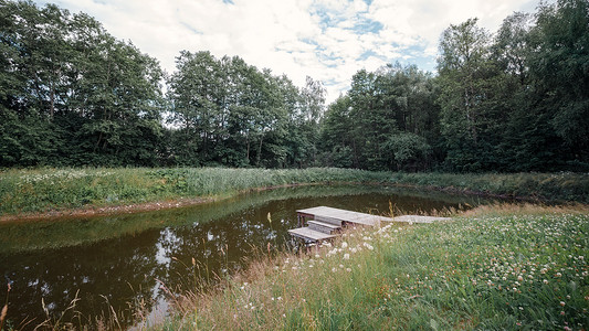 森林旁村庄的池塘，有一座木桥，桥上有台阶，可供钓鱼和放松。