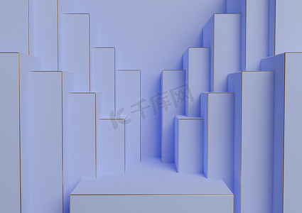 城市蓝色几何摄影照片_浅色、柔和的蓝色 3D 渲染产品展示台或展台简单、最小、对称、几何背景或壁纸，用于奢侈品广告抽象城市天际线