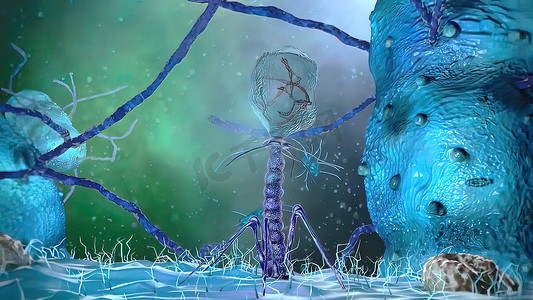 噬菌体病毒杀死细菌的 3D 插图。