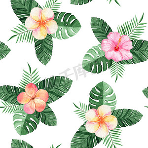 邀请函摄影照片_水彩热带树叶和花朵在白色背景上的无缝图案，用于织物、纺织品、品牌、邀请函、剪贴簿、包装