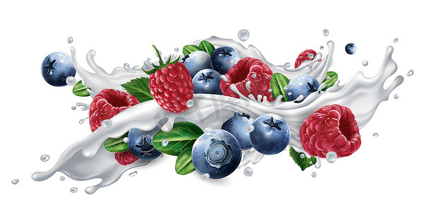 蓝莓和覆盆子在牛奶或酸奶中飞溅​​。