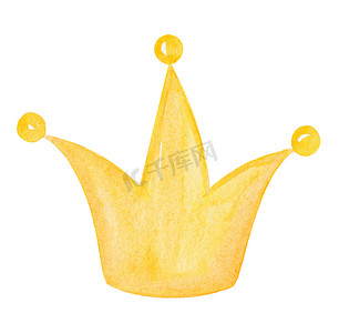 装饰黄色皇冠王冠摄影照片_水彩黄色公主皇冠隔离在白色背景。