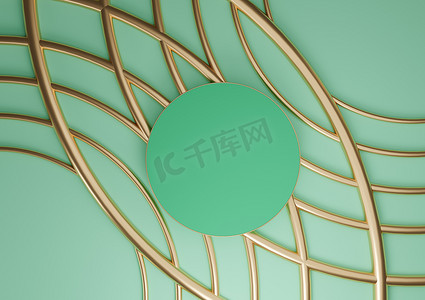 明亮的绿松石绿色 3D 渲染产品展示平躺讲台圆筒站豪华抽象组合与金色线条装饰品化妆品产品最小顶视图背景从上面